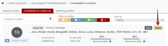 Employ button at candidates in contact