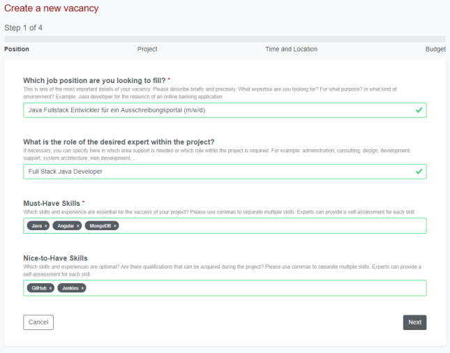 Create a vacancy - Step 1 - Position