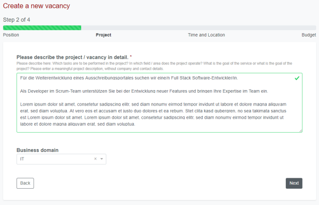 Create a vacancy - Step 2 - Project