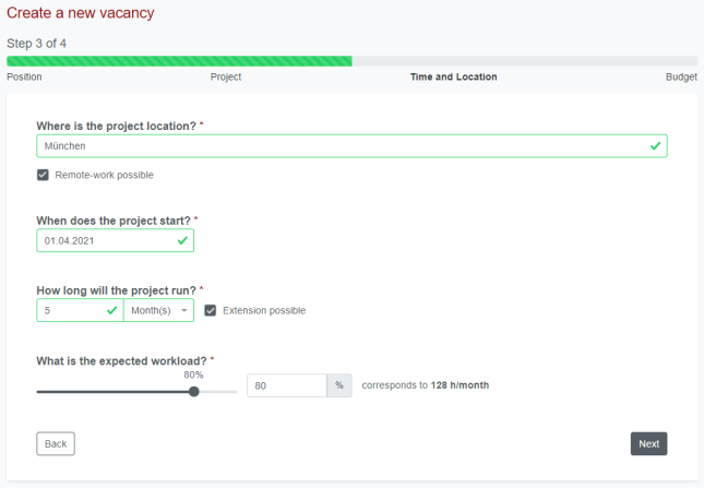 Create a vacancy - Step 3 - Time and location